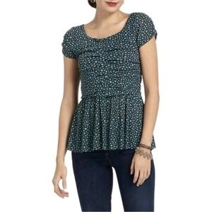 Anthropologie Postmark Polka Dot Peplum Top Ruched Short Sleeve Teal Black Small